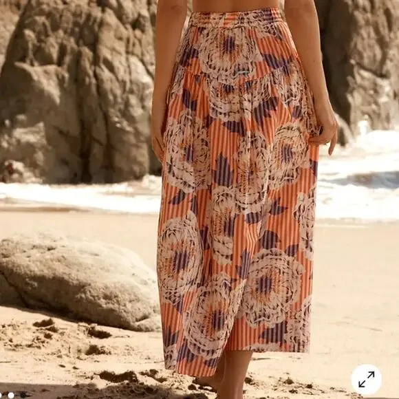 Anthropologie Stripe Floral Button Front A-Line Midi Skirt Cotton Red Blue S - Picture 7 of 15